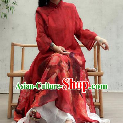 Chinese National Tang Suit Cheongsam Female Costume Traditional Printing Peacock Peony Red Qipao Dress