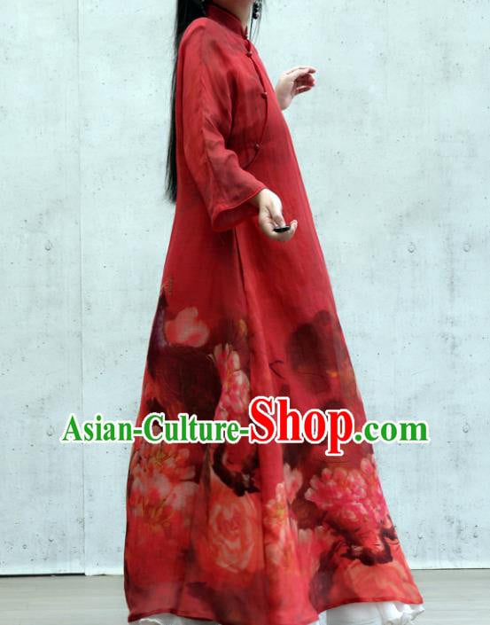 Chinese National Tang Suit Cheongsam Female Costume Traditional Printing Peacock Peony Red Qipao Dress Chinese National Tang Suit Cheongsam Female Costume Traditional Printing Peacock Peony Red Qipao Dress