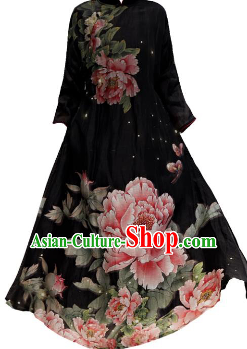 Chinese Traditional Printing Peony Qipao Dress Woman Costume National Stand Collar Black Cheongsam Chinese Traditional Printing Peony Qipao Dress Woman Costume National Stand Collar Black Cheongsam