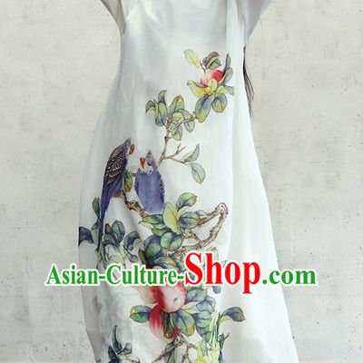 Chinese Traditional Printing Apple White Qipao Dress Woman Costume National Slant Opening Cheongsam