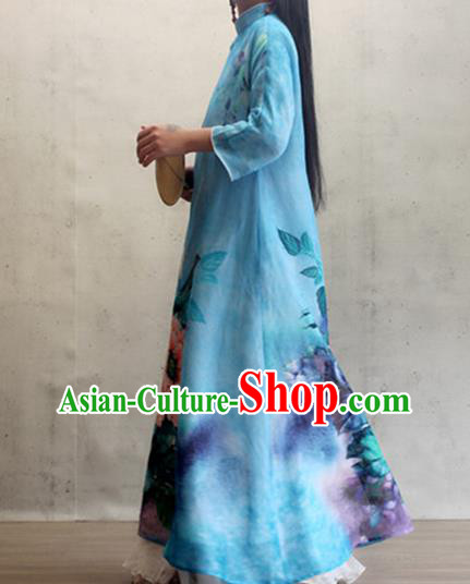 Chinese Traditional Stand Collar Qipao Dress Woman Costume National Printing Peony Blue Cheongsam Chinese Traditional Stand Collar Qipao Dress Woman Costume National Printing Peony Blue Cheongsam