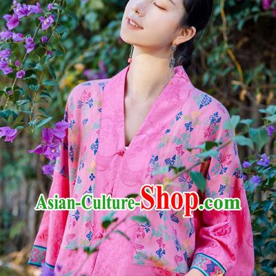Chinese Tang Suit Embroidered Pink Jacket Traditional National Woman Costume