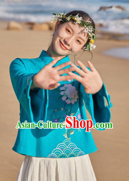 Chinese Traditional National Woman Shirt Costume Tang Suit Embroidered Blue Blouse Chinese Traditional National Woman Shirt Costume Tang Suit Embroidered Blue Blouse