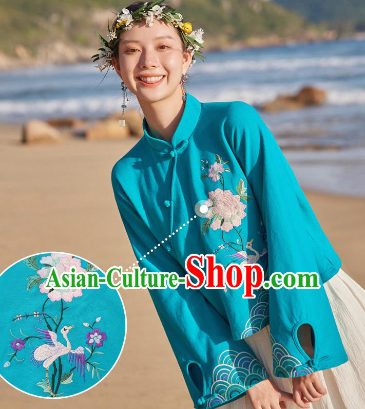 Chinese Traditional National Woman Shirt Costume Tang Suit Embroidered Blue Blouse Chinese Traditional National Woman Shirt Costume Tang Suit Embroidered Blue Blouse