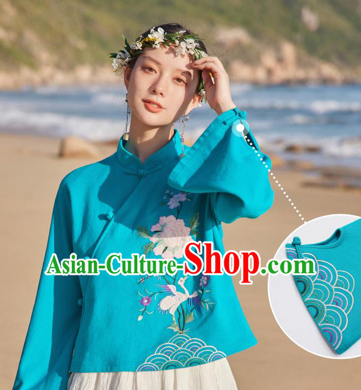 Chinese Traditional National Woman Shirt Costume Tang Suit Embroidered Blue Blouse Chinese Traditional National Woman Shirt Costume Tang Suit Embroidered Blue Blouse