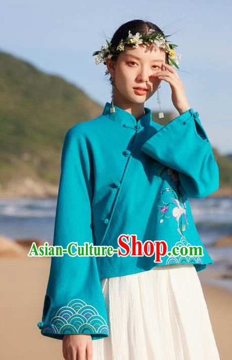 Chinese Traditional National Woman Shirt Costume Tang Suit Embroidered Blue Blouse Chinese Traditional National Woman Shirt Costume Tang Suit Embroidered Blue Blouse