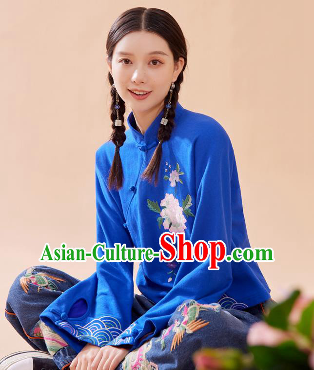 Chinese Tang Suit Embroidered Royalblue Blouse National Woman Shirt Traditional Costume Chinese Tang Suit Embroidered Royalblue Blouse National Woman Shirt Traditional Costume