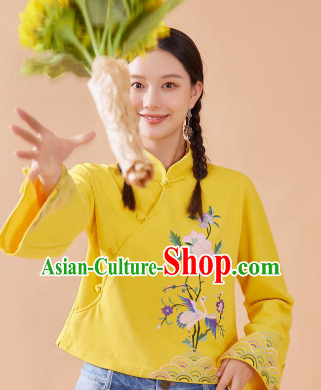 Chinese National Woman Tang Suit Shirt Traditional Costume Embroidered Yellow Blouse Chinese National Woman Tang Suit Shirt Traditional Costume Embroidered Yellow Blouse