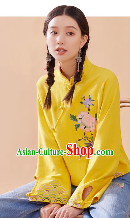 Chinese National Woman Tang Suit Shirt Traditional Costume Embroidered Yellow Blouse Chinese National Woman Tang Suit Shirt Traditional Costume Embroidered Yellow Blouse