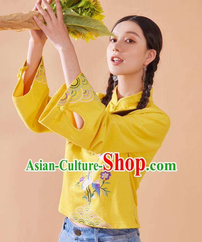 Chinese National Woman Tang Suit Shirt Traditional Costume Embroidered Yellow Blouse Chinese National Woman Tang Suit Shirt Traditional Costume Embroidered Yellow Blouse