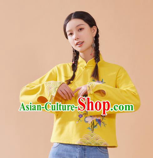 Chinese National Woman Tang Suit Shirt Traditional Costume Embroidered Yellow Blouse Chinese National Woman Tang Suit Shirt Traditional Costume Embroidered Yellow Blouse
