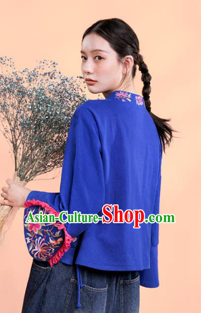 Chinese Embroidered Outer Garment National Tang Suit Deep Blue Jacket Traditional Woman Costume Chinese Embroidered Outer Garment National Tang Suit Deep Blue Jacket Traditional Woman Costume