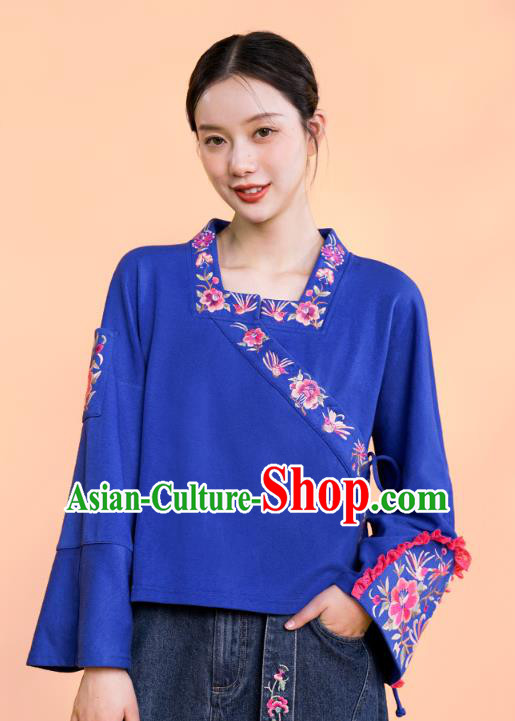 Chinese Embroidered Outer Garment National Tang Suit Deep Blue Jacket Traditional Woman Costume Chinese Embroidered Outer Garment National Tang Suit Deep Blue Jacket Traditional Woman Costume
