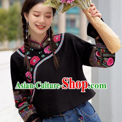 Chinese Traditional National Outer Garment Costume Tang Suit Embroidered Black Jacket