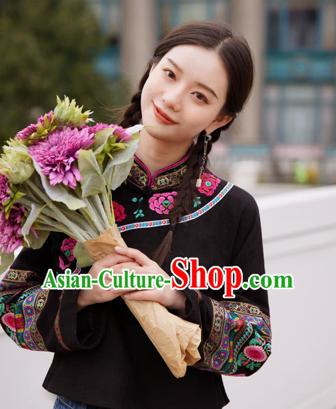 Chinese Traditional National Outer Garment Costume Tang Suit Embroidered Black Jacket Chinese Traditional National Outer Garment Costume Tang Suit Embroidered Black Jacket