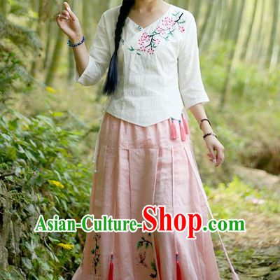 Chinese Embroidered Pink Flax Bust Skirt Traditional National Skirt Li Ziqi Costume