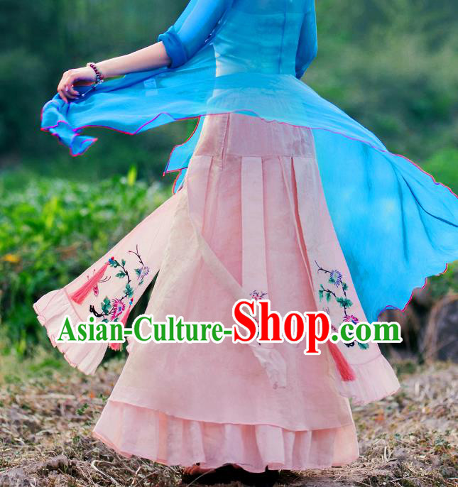 Chinese Embroidered Pink Flax Bust Skirt Traditional National Skirt Li Ziqi Costume Chinese Embroidered Pink Flax Bust Skirt Traditional National Skirt Li Ziqi Costume