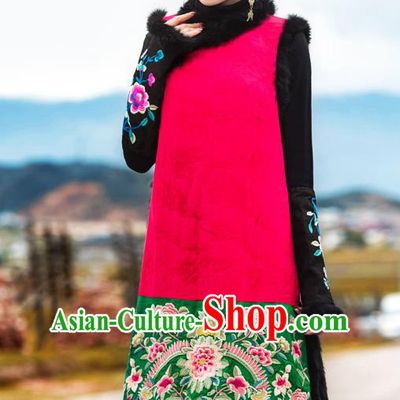 Chinese Embroidered Cotton Wadded Red Qipao Dress Traditional National Winter Cheongsam Costume