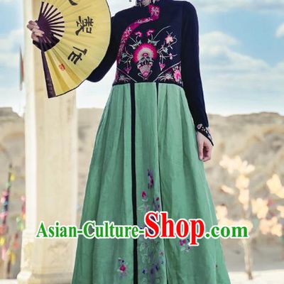 Chinese Embroidered Green Vest Dress Traditional National Cheongsam Costume