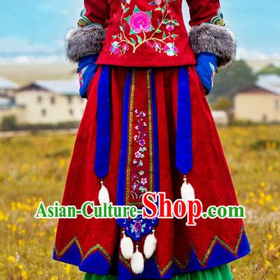 Chinese National Woman Skirt Costume Traditional Embroidered Red Bust Skirt