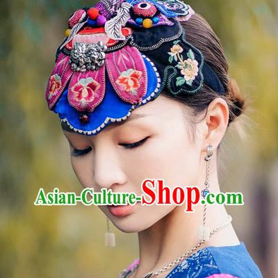 China Traditional Folk Dance Embroidered Blue Hair Clasp Handmade National Silver Headwear