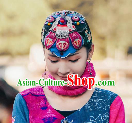 China Traditional Folk Dance Embroidered Blue Hair Clasp Handmade National Silver Headwear China Traditional Folk Dance Embroidered Blue Hair Clasp Handmade National Silver Headwear