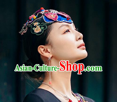 China Traditional Folk Dance Embroidered Blue Hair Clasp Handmade National Silver Headwear China Traditional Folk Dance Embroidered Blue Hair Clasp Handmade National Silver Headwear