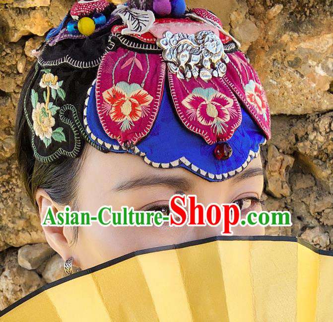 China Traditional Folk Dance Embroidered Blue Hair Clasp Handmade National Silver Headwear China Traditional Folk Dance Embroidered Blue Hair Clasp Handmade National Silver Headwear