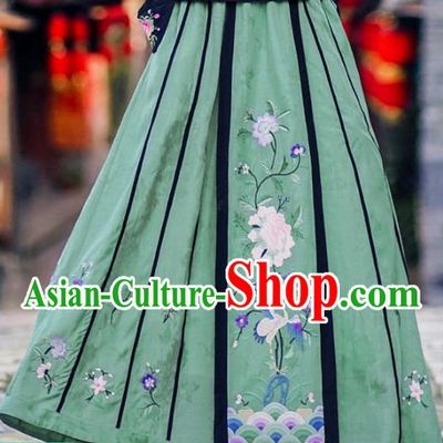 Chinese Traditional Embroidered Crane Peony Green Bust Skirt National Woman Skirt Costume