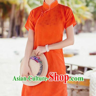 Chinese Traditional Young Lady Orange Qipao Dress National Stand Collar Cheongsam Costume