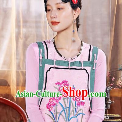 China Traditional Pink Waistcoat Clothing National Embroidered Orchids Vest Tang Suit Upper Outer Garment