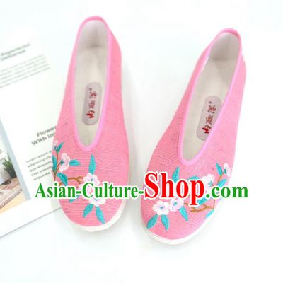 China Handmade National Shoes Embroidered Plum Pink Cloth Shoes Traditional Folk Dance Shoes