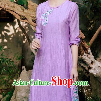 Chinese National Young Lady Embroidered Violet Cheongsam Traditional Slant Opening Qipao Dress Costume