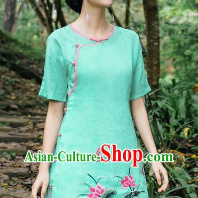 China National Woman Shirt Clothing Tang Suit Upper Outer Garment Traditional Embroidered Lotus Green Blouse