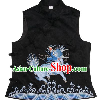 Chinese Tang Suit Vest Traditional Woman Top Garment Costume National Embroidered Kylin Black Brocade Waistcoat