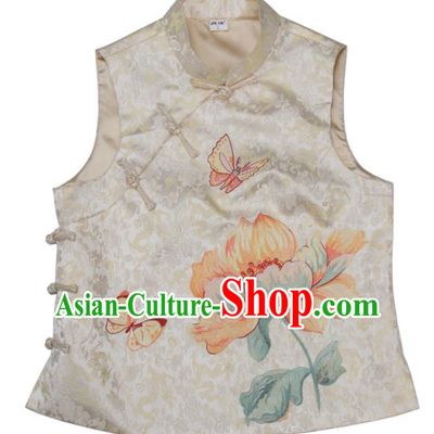 Chinese Traditional Woman Top Garment Costume National Embroidered Light Golden Brocade Waistcoat Tang Suit Vest
