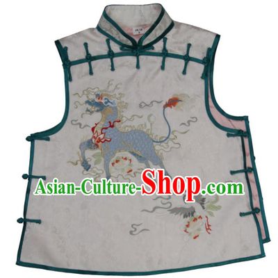 Chinese National Embroidered Kylin White Brocade Waistcoat Tang Suit Vest Costume Traditional Woman Top Garment