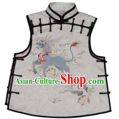 Chinese National Woman Vest Costume Embroidered Kylin White Brocade Waistcoat Traditional Tang Suit Top Garment