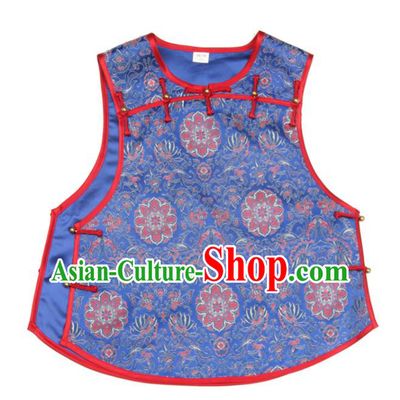 Chinese Traditional Top Garment National Woman Vest Costume Tang Suit Blue Brocade Waistcoat