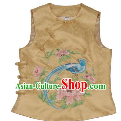 Chinese Tang Suit Embroidered Peony Bird Waistcoat Traditional Top Garment National Woman Golden Brocade Vest Costume