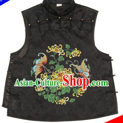 Chinese Traditional Black Brocade Top Garment National Woman Vest Costume Tang Suit Embroidered Chrysanthemum Waistcoat