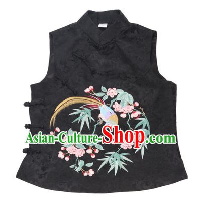 Chinese Tang Suit Embroidered Begonia Bird Waistcoat Traditional Black Brocade Top Vest Garment