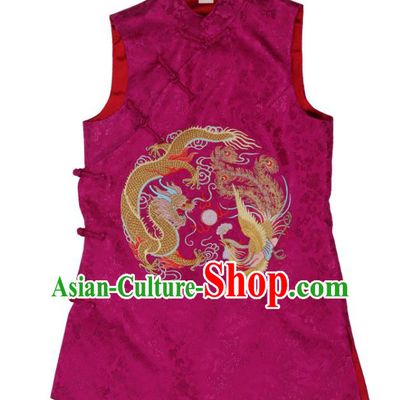 Chinese National Brocade Top Vest Garment Traditional Tang Suit Embroidered Rosy Long Waistcoat