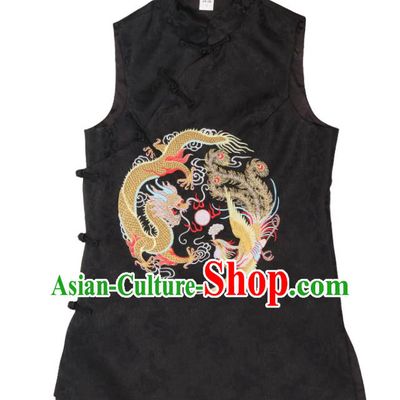 Chinese Traditional Tang Suit Embroidered Black Long Waistcoat National Brocade Top Vest Garment