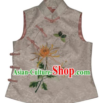 Chinese National Upper Outer Garment Traditional Embroidered Chrysanthemum Waistcoat Tang Suit White Brocade Vest