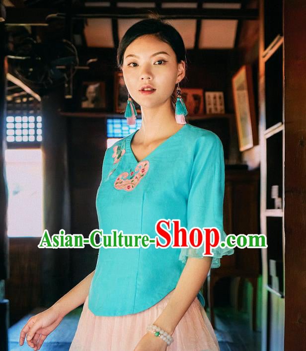 China Traditional Embroidered Blue Blouse National Woman Shirt Clothing Tang Suit Upper Outer Garment China Traditional Embroidered Blue Blouse National Woman Shirt Clothing Tang Suit Upper Outer Garment