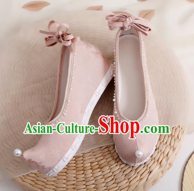 China Handmade Pearls Bow Shoes National Pink Cloth Shoes Traditional Ming Dynasty Hanfu Shoes China Handmade Pearls Bow Shoes National Pink Cloth Shoes Traditional Ming Dynasty Hanfu Shoes