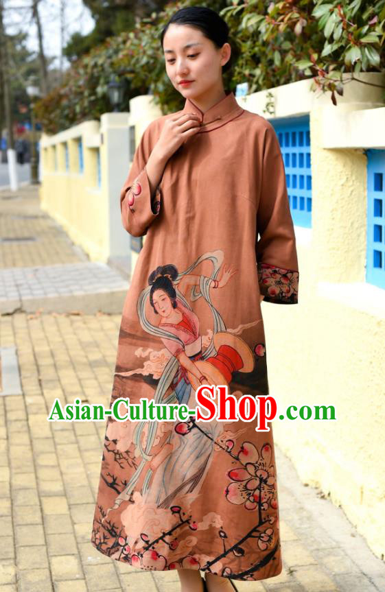 Chinese Traditional Printing Brown Qipao Dress Costume National Young Lady Stand Collar Cheongsam Chinese Traditional Printing Brown Qipao Dress Costume National Young Lady Stand Collar Cheongsam