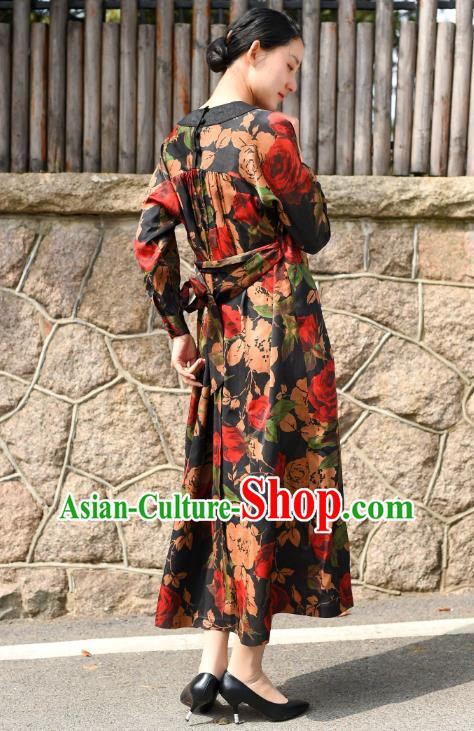 Chinese Traditional Printing Roses Qipao Dress Costume National Young Lady Black Silk Cheongsam Chinese Traditional Printing Roses Qipao Dress Costume National Young Lady Black Silk Cheongsam