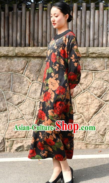 Chinese Traditional Printing Roses Qipao Dress Costume National Young Lady Black Silk Cheongsam Chinese Traditional Printing Roses Qipao Dress Costume National Young Lady Black Silk Cheongsam
